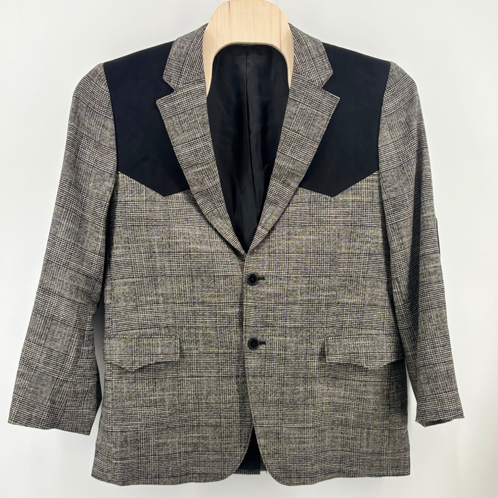 Cody James Plaid Blazer Grey‎ Black Contrast Yoke Elbow Patches Sport Coat